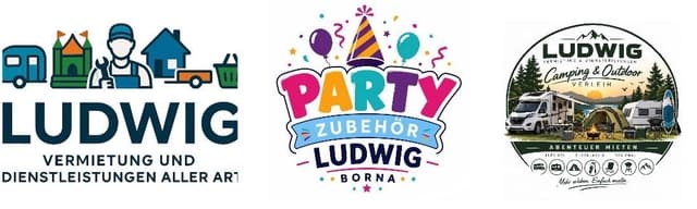 Logos der Firmenbereiche Dienstleistungen, Vermietung, Partyservice, Camping&Outdoor, Catering